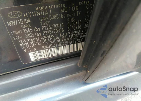 2005 Hyundai Santa Fe Gls из США, поврежденный, VIN KM8SC13D45U919600